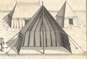 European tent in cross section showing arrangement of supporting ropes and hanging walls. c. 1641.